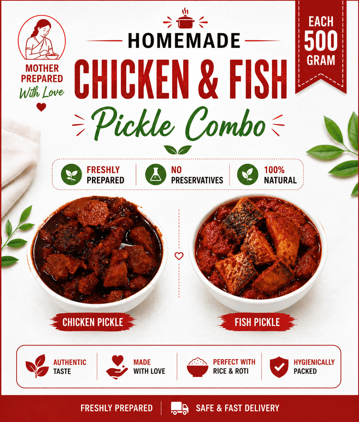 Homemade Chicken & Fish Pickle Combo – With Bone | 500g Each (1 KG Total)